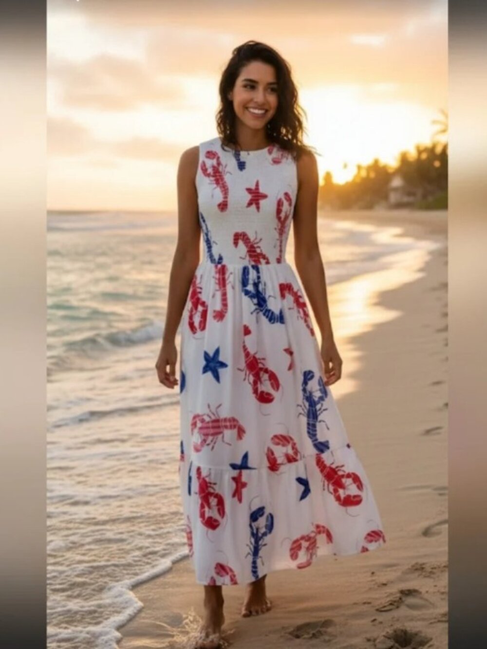 J Crew Red White Blue Nautical Lobster Starfish Smocked Midi Dress S